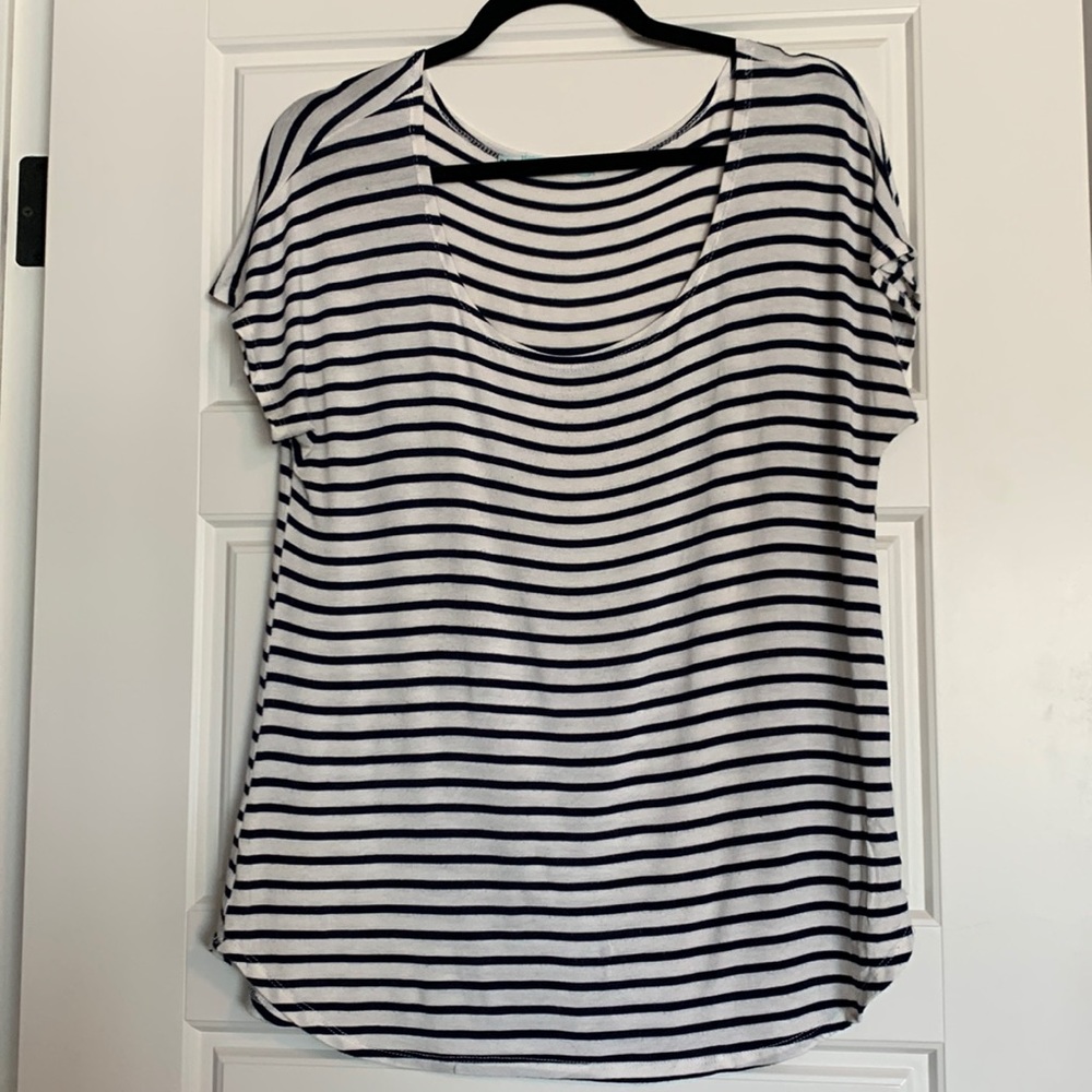 White and navy blue striped shirt. Maurice’s, size Medium